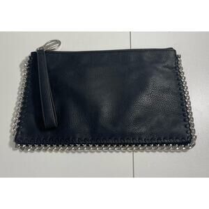 Carlos Santana Black Soft Leather & Silver Chain Edge Clutch Wristlet Retro